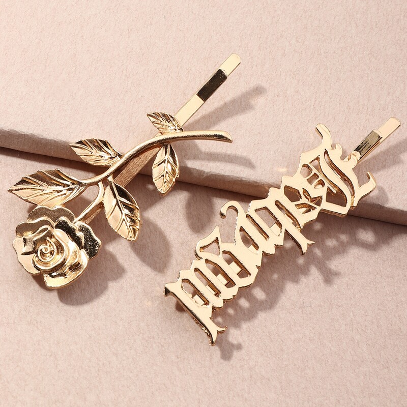 

2pcs Rose & Letter Hair Clip, Gold