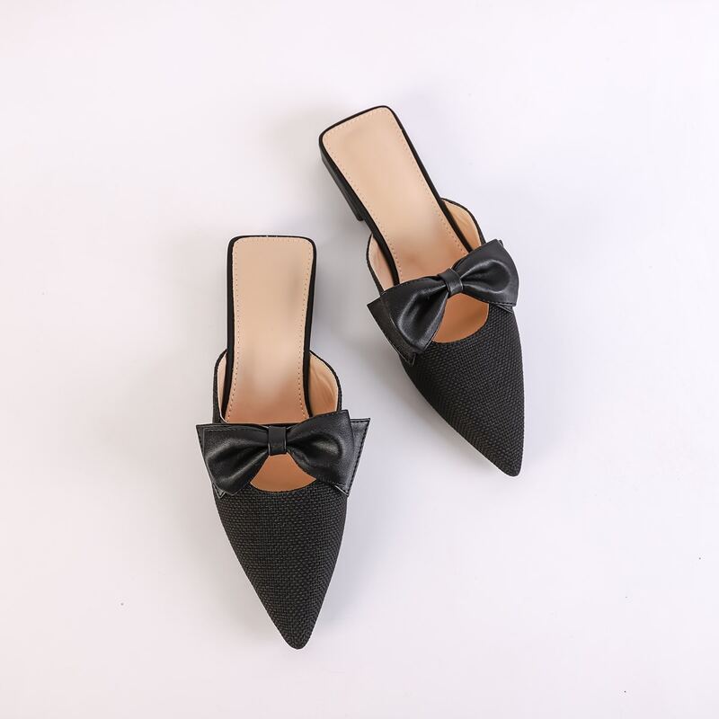 

Point Toe Bow Decor Flat Mules, Black