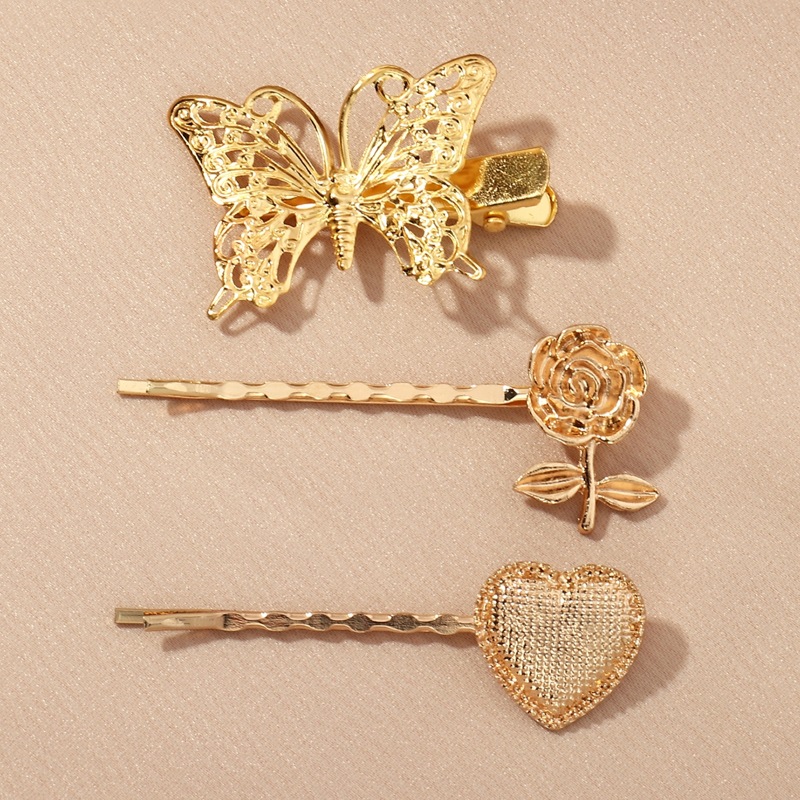 

3pcs Butterfly & Heart Hair Clip, Gold
