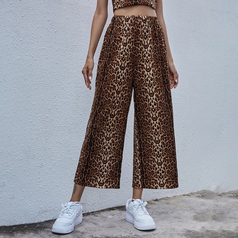 

Elastic Waist Leopard Print Wide Leg Pants, Multicolor