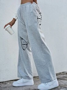 Butterfly Print Elastic Waist Sweatpants
