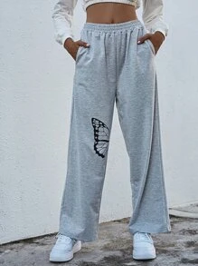 Butterfly Print Elastic Waist Sweatpants