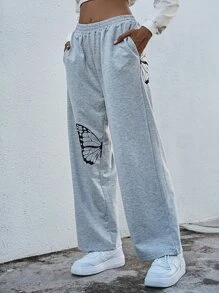 Butterfly Print Elastic Waist Sweatpants