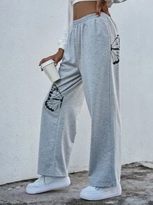 Butterfly Print Elastic Waist Sweatpants