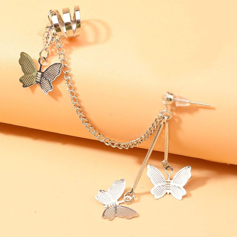 

1pc Butterfly Chain Ear Cuff, Silver