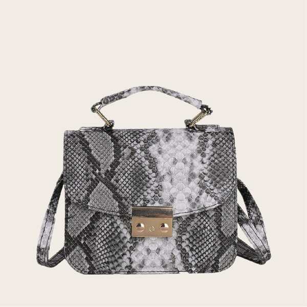 

Snakeskin Print Satchel Bag, Grey