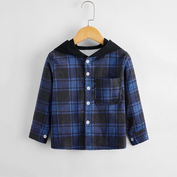 

Toddler Boys Plaid Pocket Patched Contrast Hooded Overshirt, Multicolor