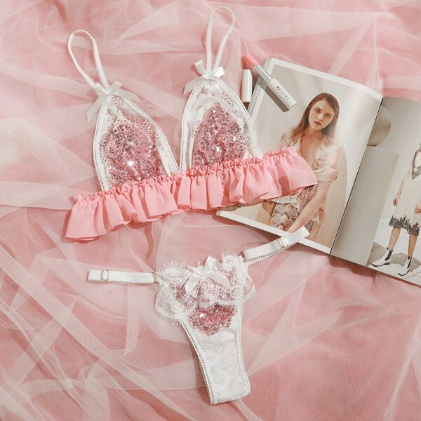 

Contrast Sequin Ruffle Lingerie Set, Multicolor