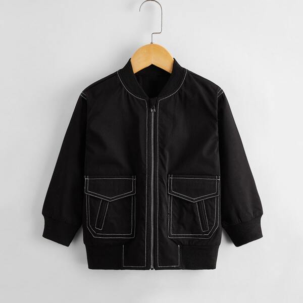 

Toddler Boys Contrast Topstitching Flap Pockets Bomber Jacket, Black