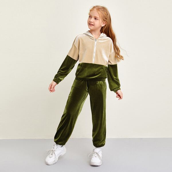 

Girls Zipper Half Placket Two Tone Velvet Hoodie & Pants Set, Multicolor