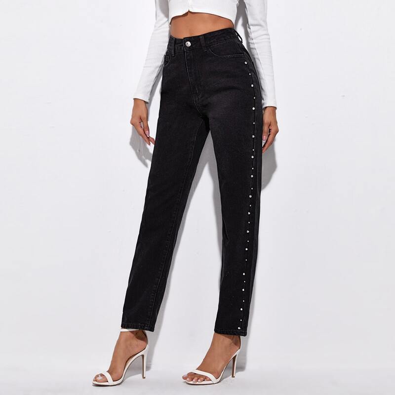 

High-Waisted Pearl Beaded Jeans, Black