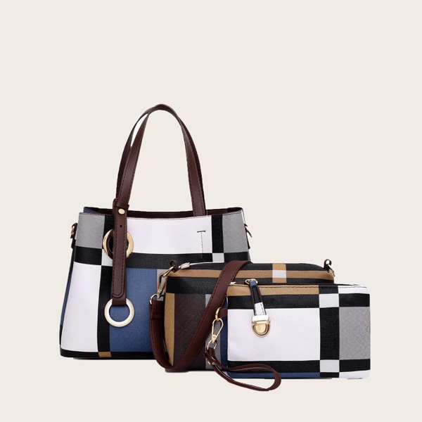 

3pcs Plaid Pattern Tote Bag Set, Multicolor