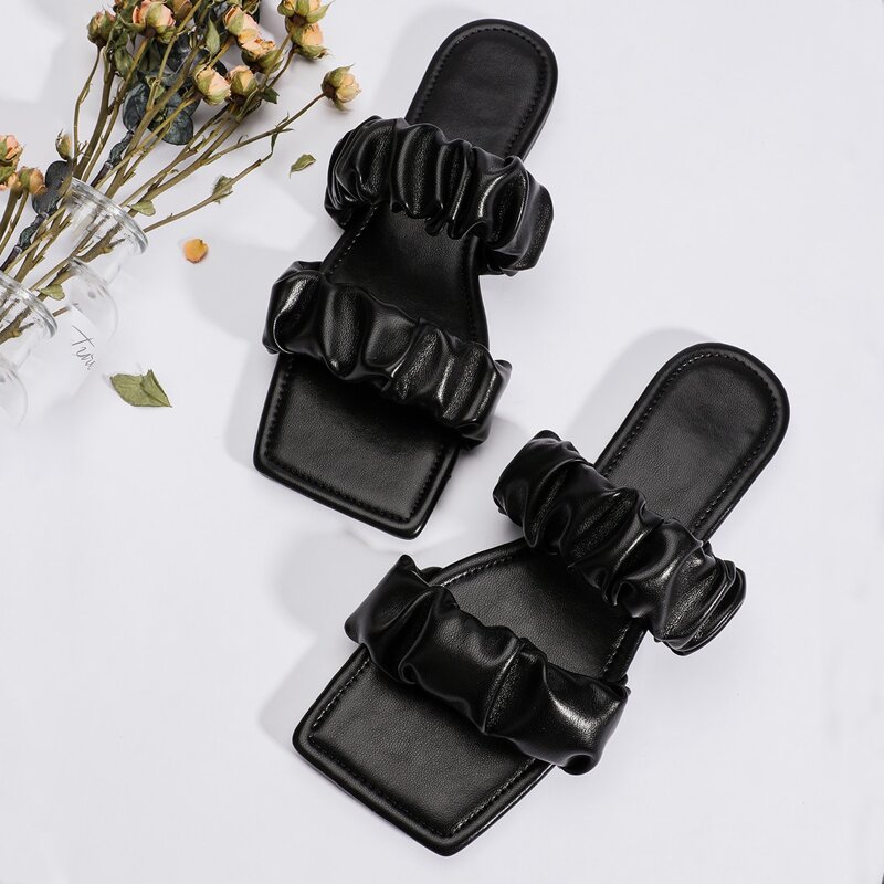 

Ruched Band Slide Sandals, Black