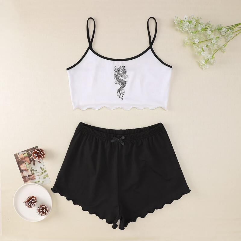 

Chinese Dragon Print Lettuce Trim PJ Set, Black and white