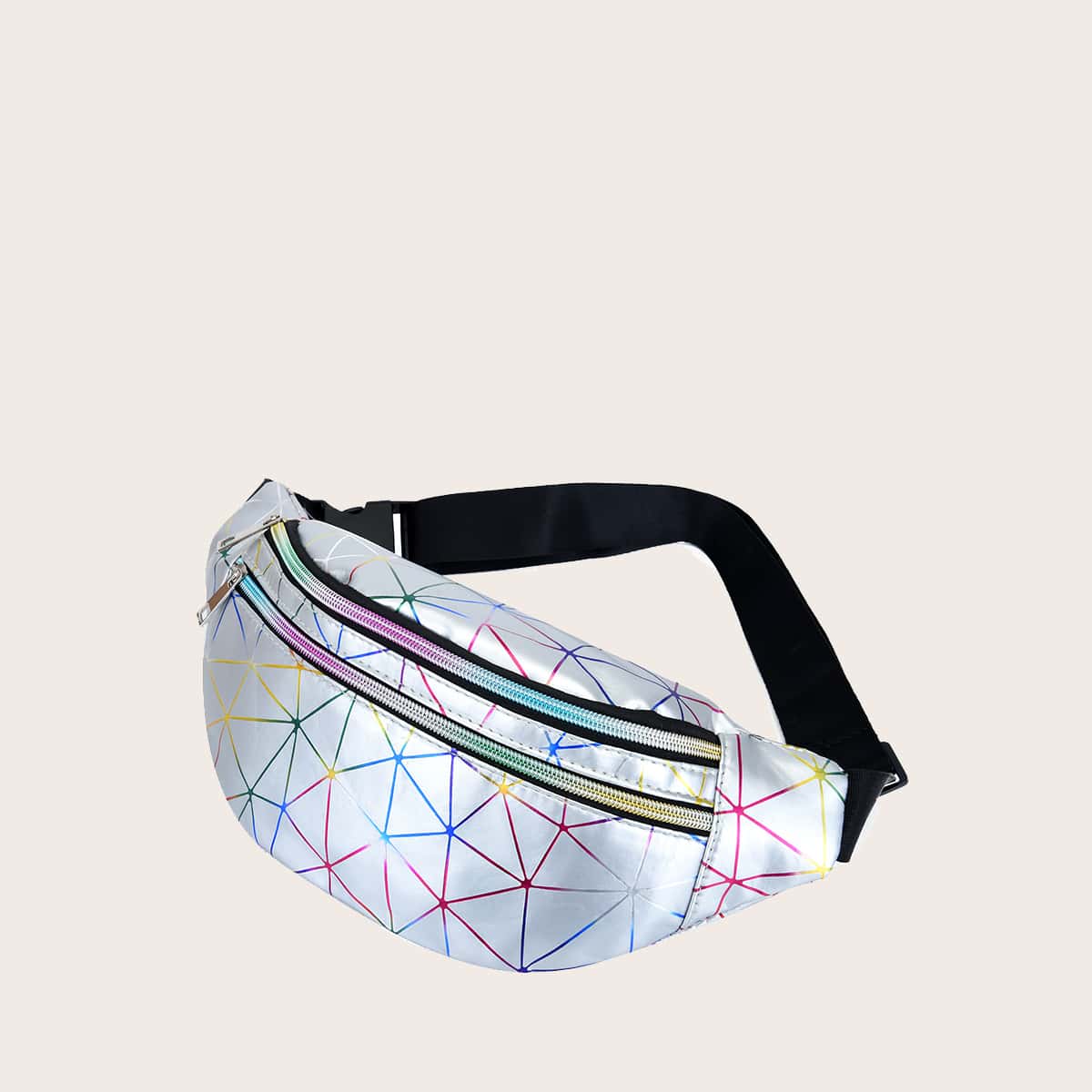 

Geometric Graphic Double Zip Front Fanny Pack, Silver