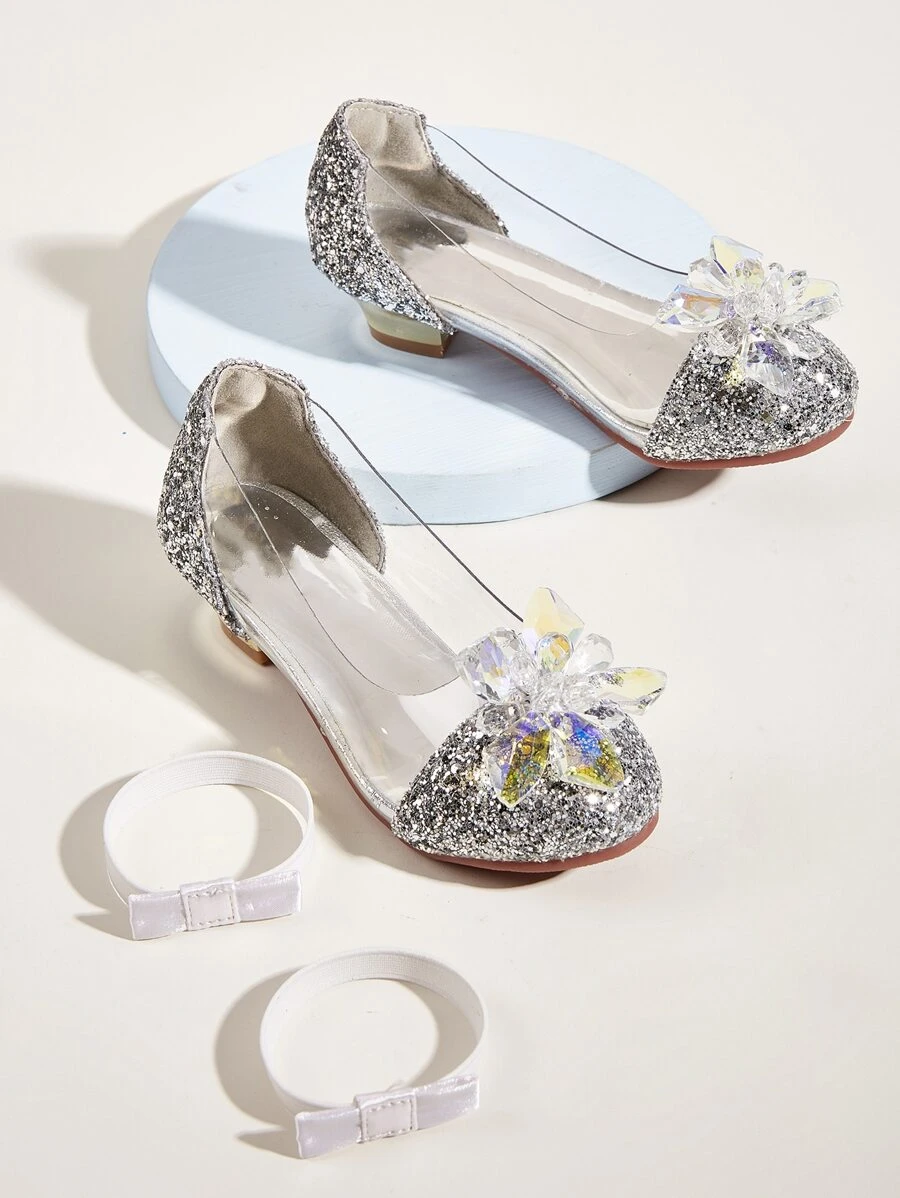 小女童水晶花朵裝飾閃亮平底鞋