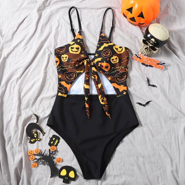 

Halloween Print Cut-out Knot Front One Piece Swimsuit, Multicolor