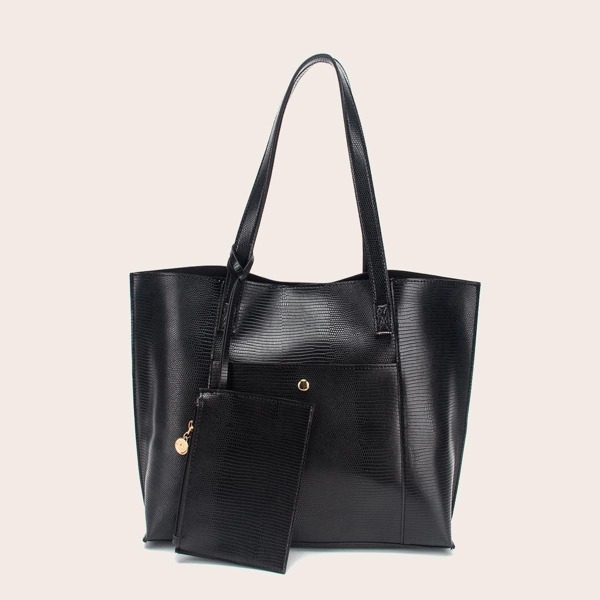 

Lizard Embossed Tote Bag With Purse, Black
