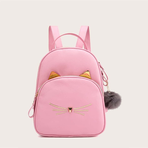 

Girls Pom-pom Charm Cartoon Embroidered Backpack, Pink