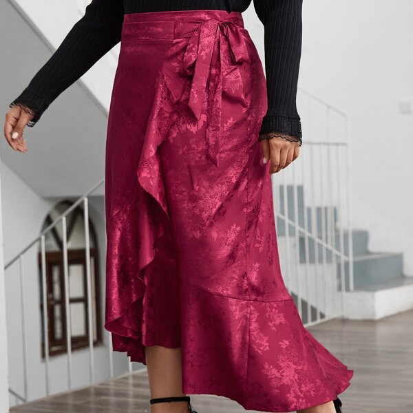 

Plus Jacquard Tie Side Ruffle Wrap Skirt, Burgundy