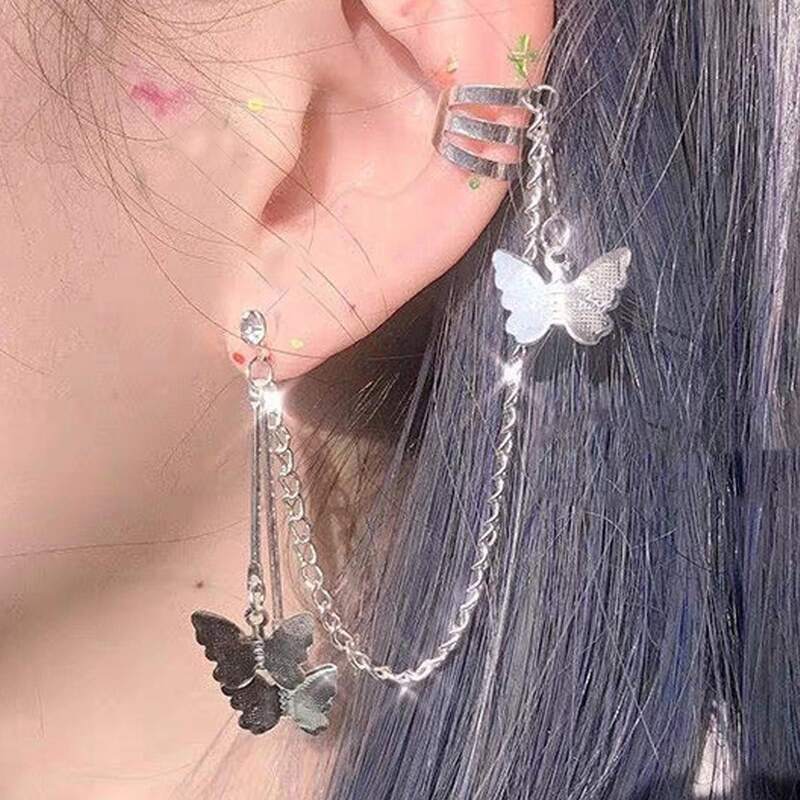 

1pc Butterfly Chain Ear Cuff, Silver