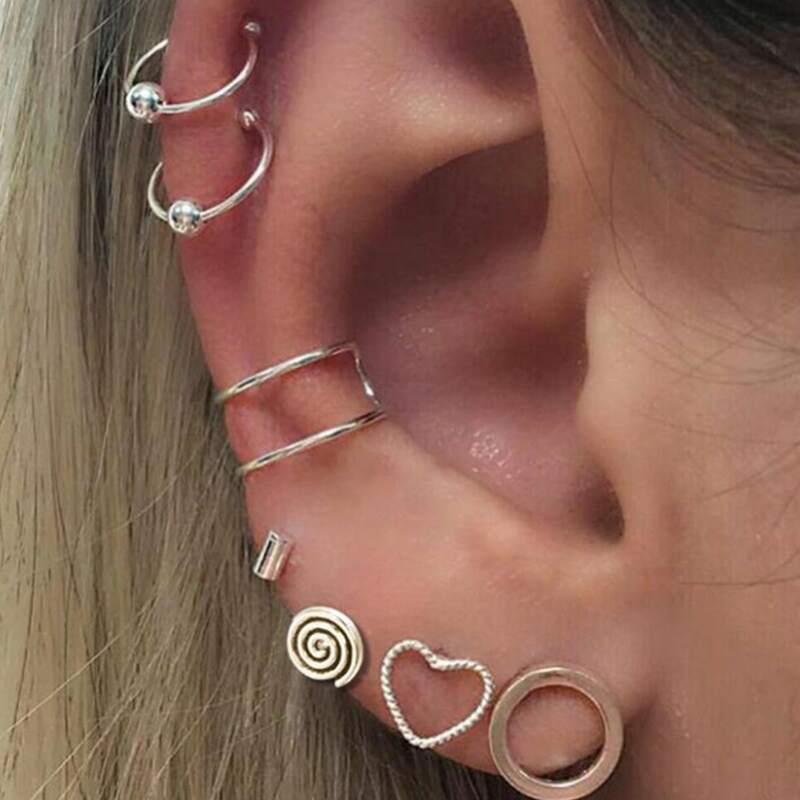 

7pcs Heart & Geo Earring Set, Silver