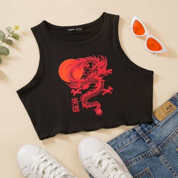 

Plus Chinese Dragon And Letter Graphic Tank Top, Black