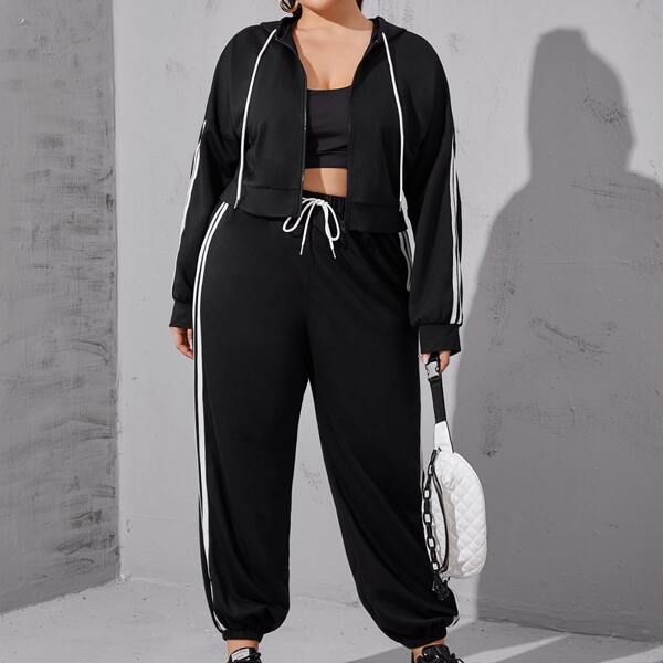 

Plus Side Striped Zip Up Drawstring Hoodie & Sweatpants, Black