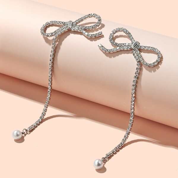 

Rhinestone Bow Drop Earrings, Silver