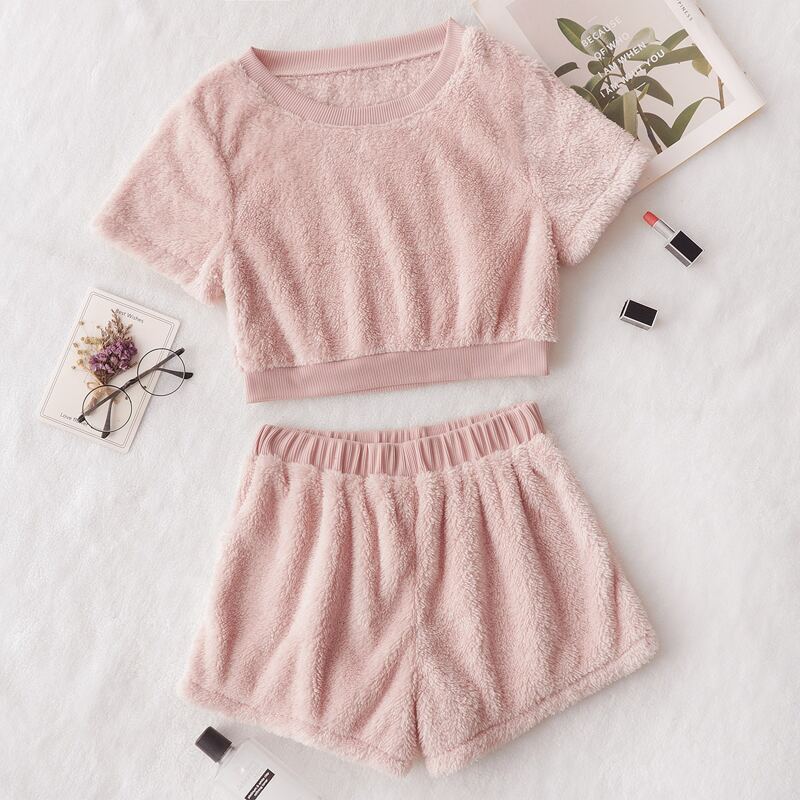 

Flannel Solid Top & Shorts PJ Set, Baby pink