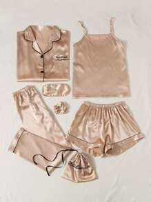 LuxeNights 7pcs Contrast Binding Satin PJ Set / Pajama Set, Fall Winter Clothes Cozy And Elegant Details - Champagne - View 3