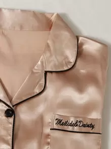 LuxeNights 7pcs Contrast Binding Satin PJ Set / Pajama Set, Fall Winter Clothes Cozy And Elegant Details - Champagne - View 4