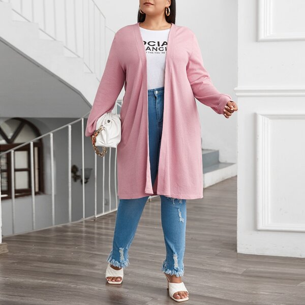 

Plus Open Front Waffle Knit Coat, Baby pink