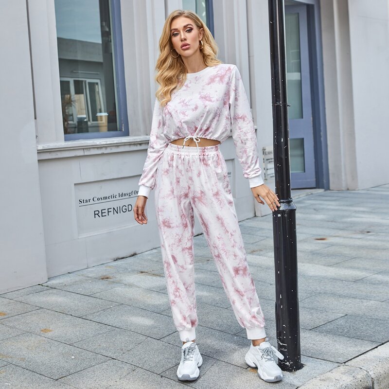 

Tie Dye Drawstring Hem Crop Sweatshirt & Sweatpants, Multicolor