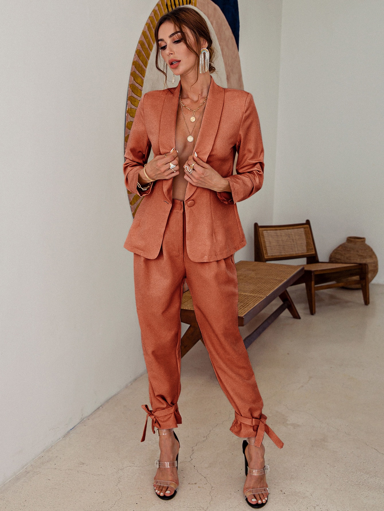 Shawl Collar Single Button Blazer & Knot Hem Pants Set thumbnail