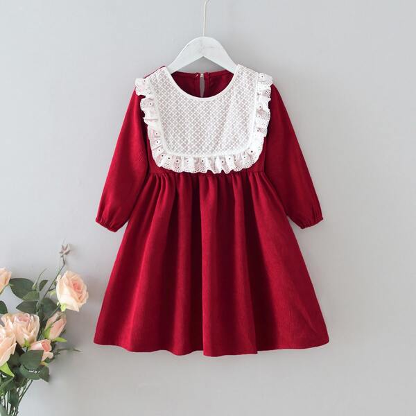

Toddler Girls Contrast Schiffy Ruffle Trim Dress, Burgundy