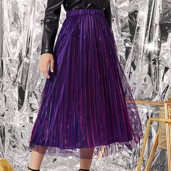 

Pleated Mesh Midi Skirt, Purple