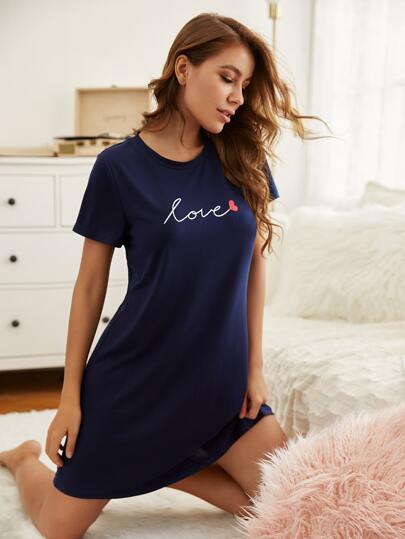 Letter & Heart Print Pajama Nightdress