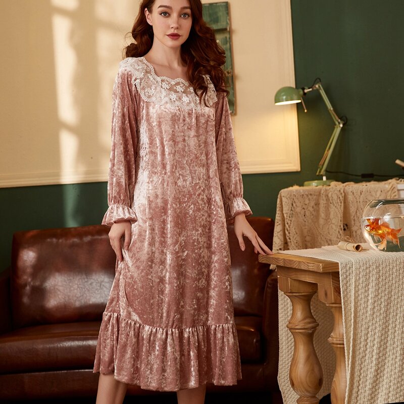 

Lace Panel Ruffle Hem Nightdress, Dusty pink