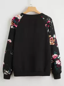 SHEIN LUNE Raglan Sleeve Floral Pullover,Long Sleeve Tops In Fall/Winter - Black - View 3
