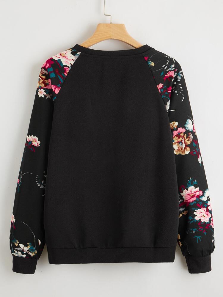 Raglan Sleeve Floral Pullover,Long Sleeve Tops In Fall/Winter