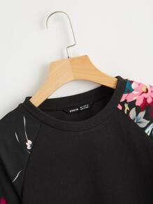 SHEIN LUNE Raglan Sleeve Floral Pullover,Long Sleeve Tops In Fall/Winter - Black - View 5