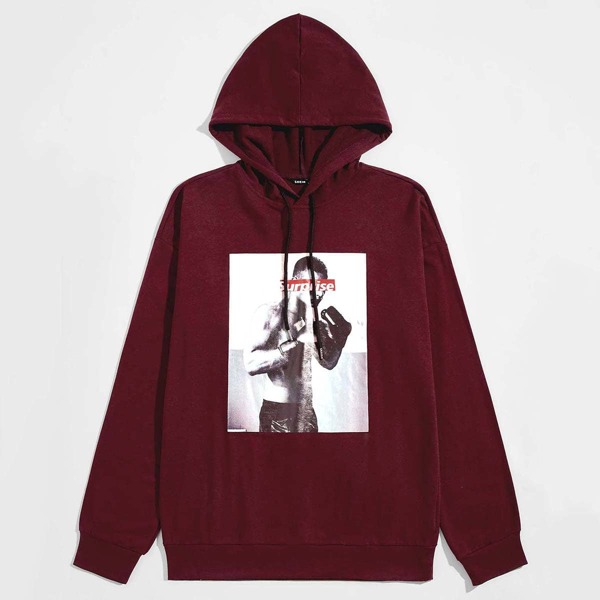 

Men Letter and Figure Graphic Drop Shoulder Hoodie, Maroon