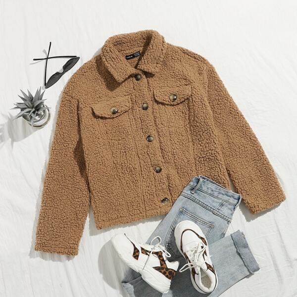 

Flap Detail Button Front Teddy Jacket, Camel