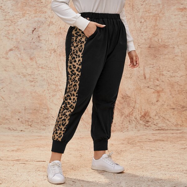 

Plus Leopard Panel Sweatpants, Black