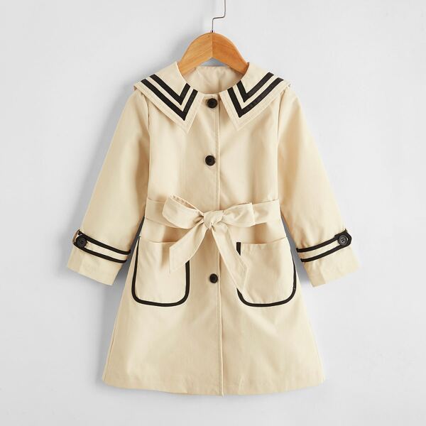 

Toddler Girls Chevron Tape Sailor Collar Belted Trench Coat, Khaki