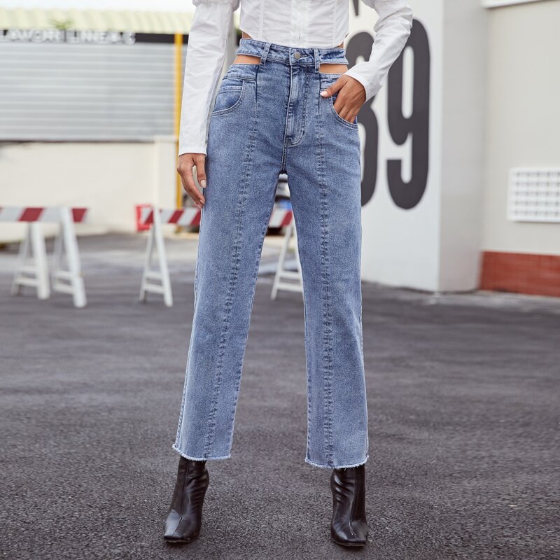 

Cutout Waist Raw Hem Jeans, Medium wash