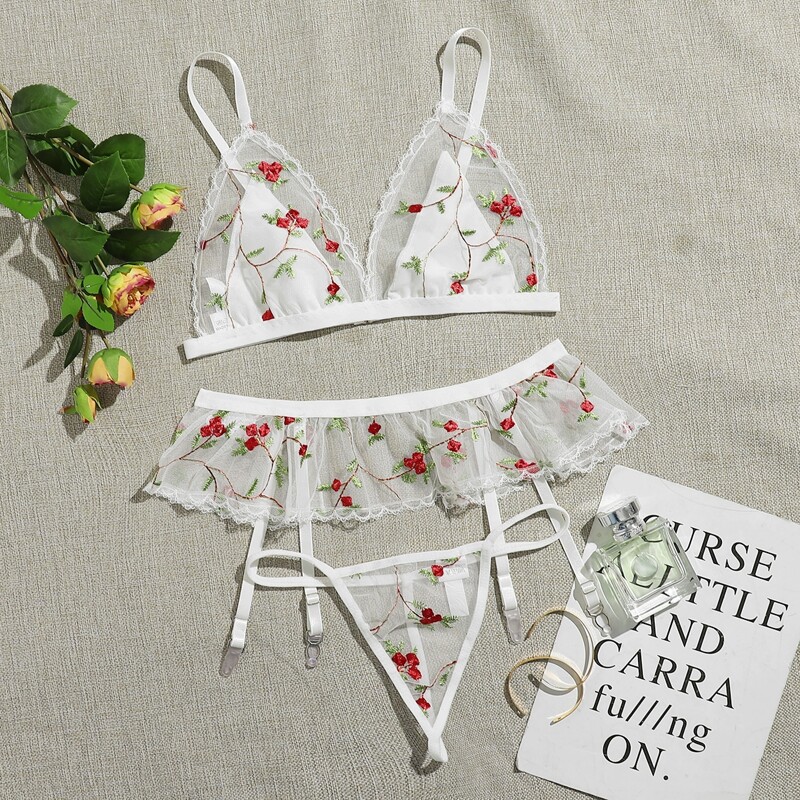 

Embroidered Flower Sheer Garter Lingerie Set, White