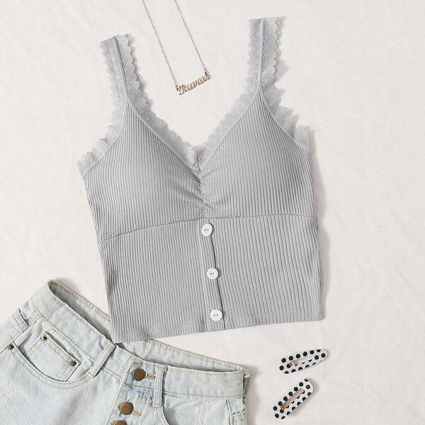 

Rib Lace Trim Button Front Bralette, Light grey