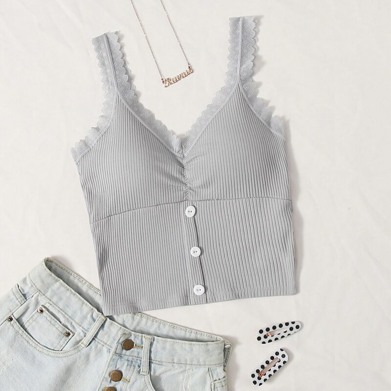 

Rib Lace Trim Button Front Bralette, Light grey